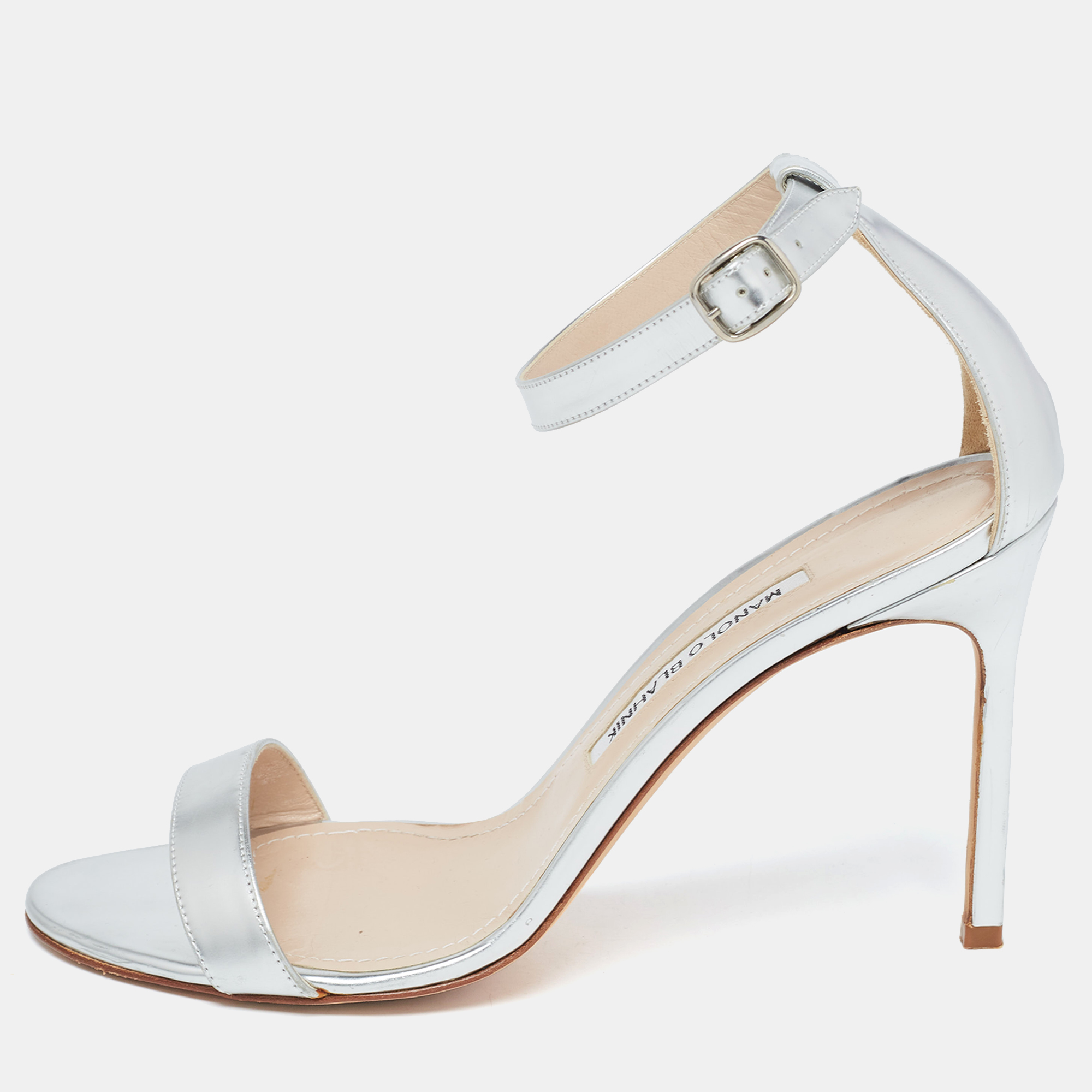 Manolo Blahnik Silver Leather Chaos Ankle Strap Sandals Size 40, Sandals - Luxury Closet catalog