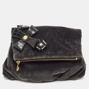 Marc by Marc Jacobs Grey/Black Velvet and Croc Embossed Leather Bow Fold Over Clutch, Clutches & Special Occasion Bags - Luxury Closet catalog