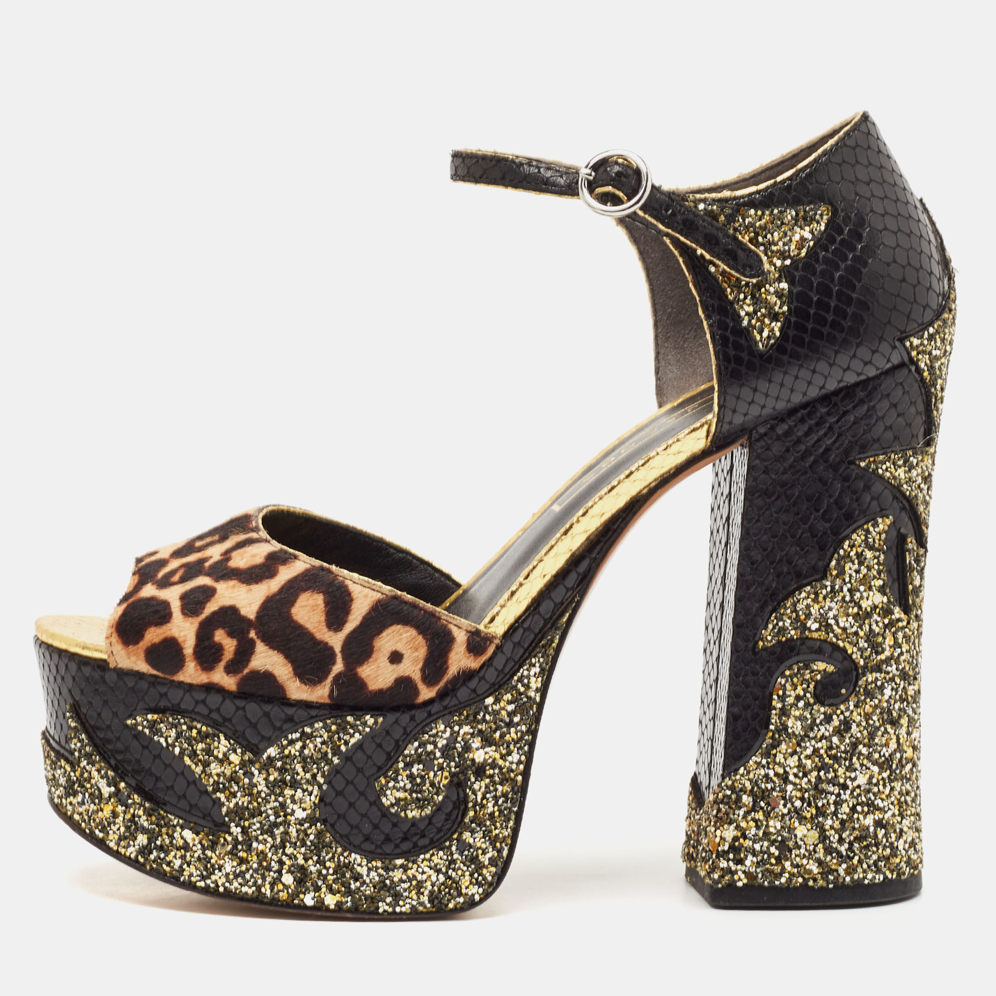 Marc Jacobs Multicolor Calf Hair and Python Embossed Leather Ankle Strap Sandals Size 38.5, Sandals - Luxury Closet catalog