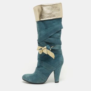 Marc Jacobs Blue/Gold Suede and Leather Mild Calf Boots Size 37.5, Boots - Luxury Closet catalog