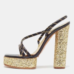 Marc Jacobs Black/Gold Leather Glitter Platform Slingback Sandals Size 36, Sandals - Luxury Closet catalog