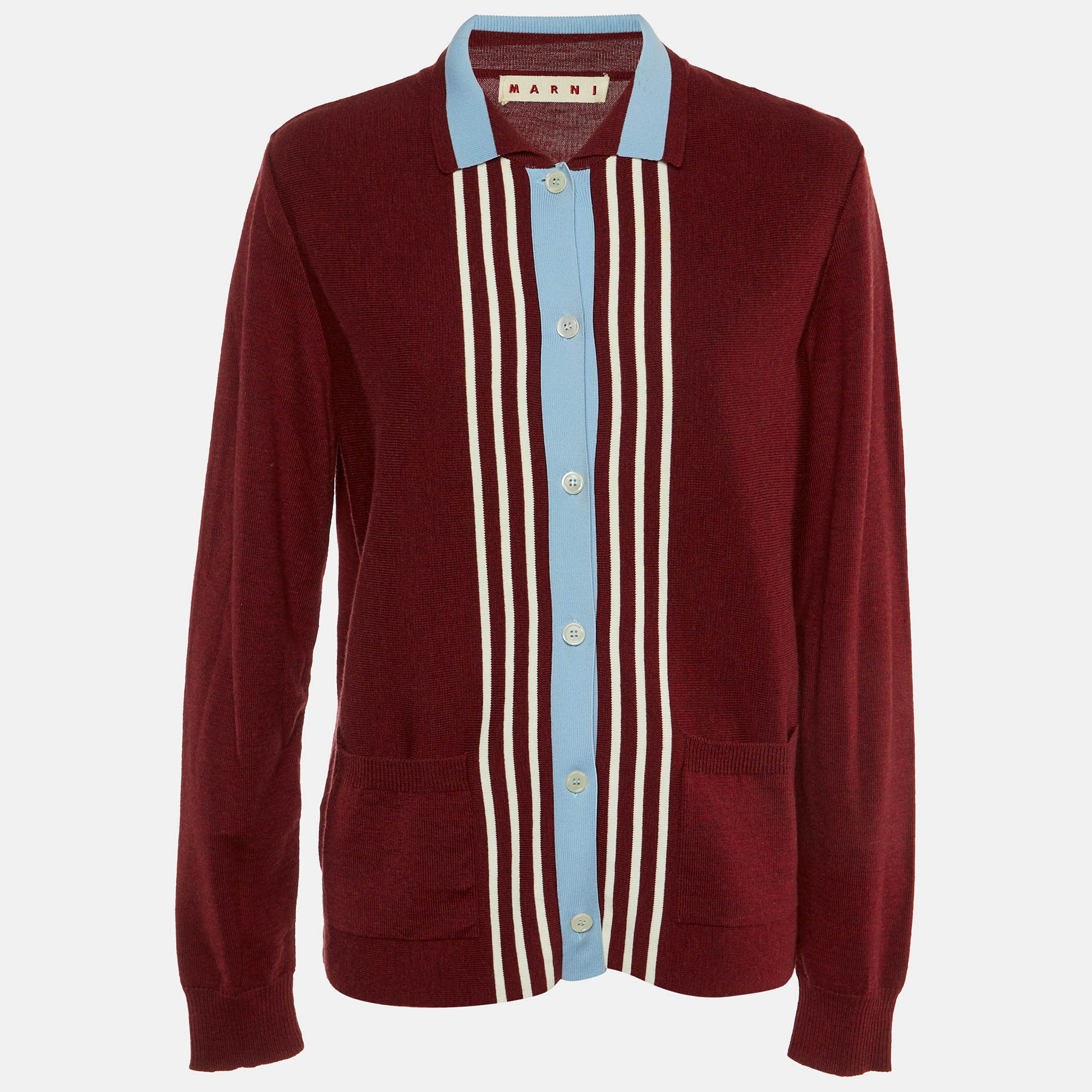 Marni Red/Blue Wool Knit Button Front Cardigan L, Sweaters & Cardigans - Luxury Closet catalog