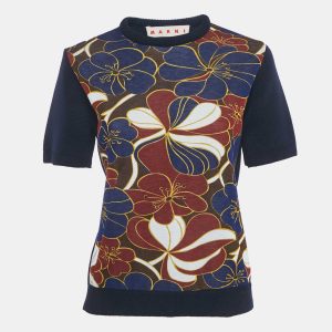 Marni Navy Blue Floral Print Rib Knit and Jersey Sweatshirt S, Sweaters & Cardigans - Luxury Closet catalog