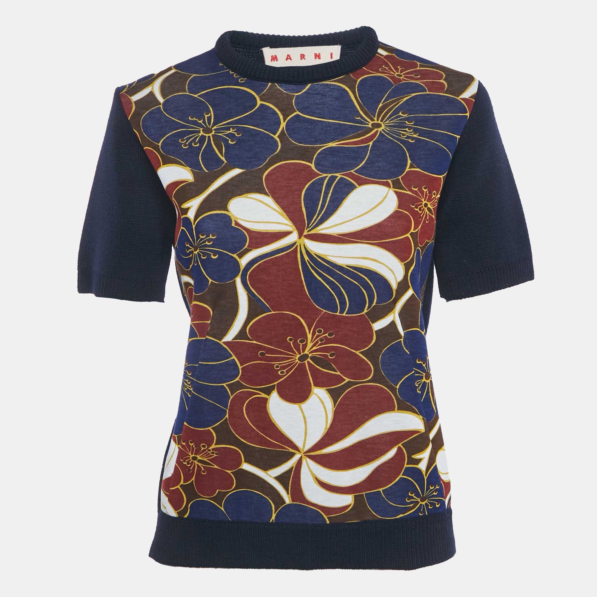 Marni Navy Blue Floral Print Rib Knit and Jersey Sweatshirt S, Sweaters & Cardigans - Luxury Closet catalog