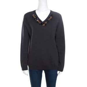 Marni Dark Grey Wool Crystal Embellished V Neck Sweater M, Sweaters & Cardigans - Luxury Closet catalog