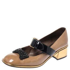 Marni Brown Patent Leather Embellished Bow Mary Jane Buckle Strap Pumps Size 38, Pumps - Luxury Closet catalog