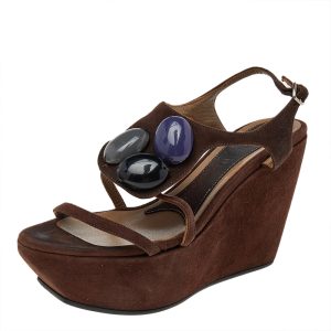 Marni Brown Suede Embellished Wedge Platform Ankle Strap Sandals Size 36, Sandals - Luxury Closet catalog