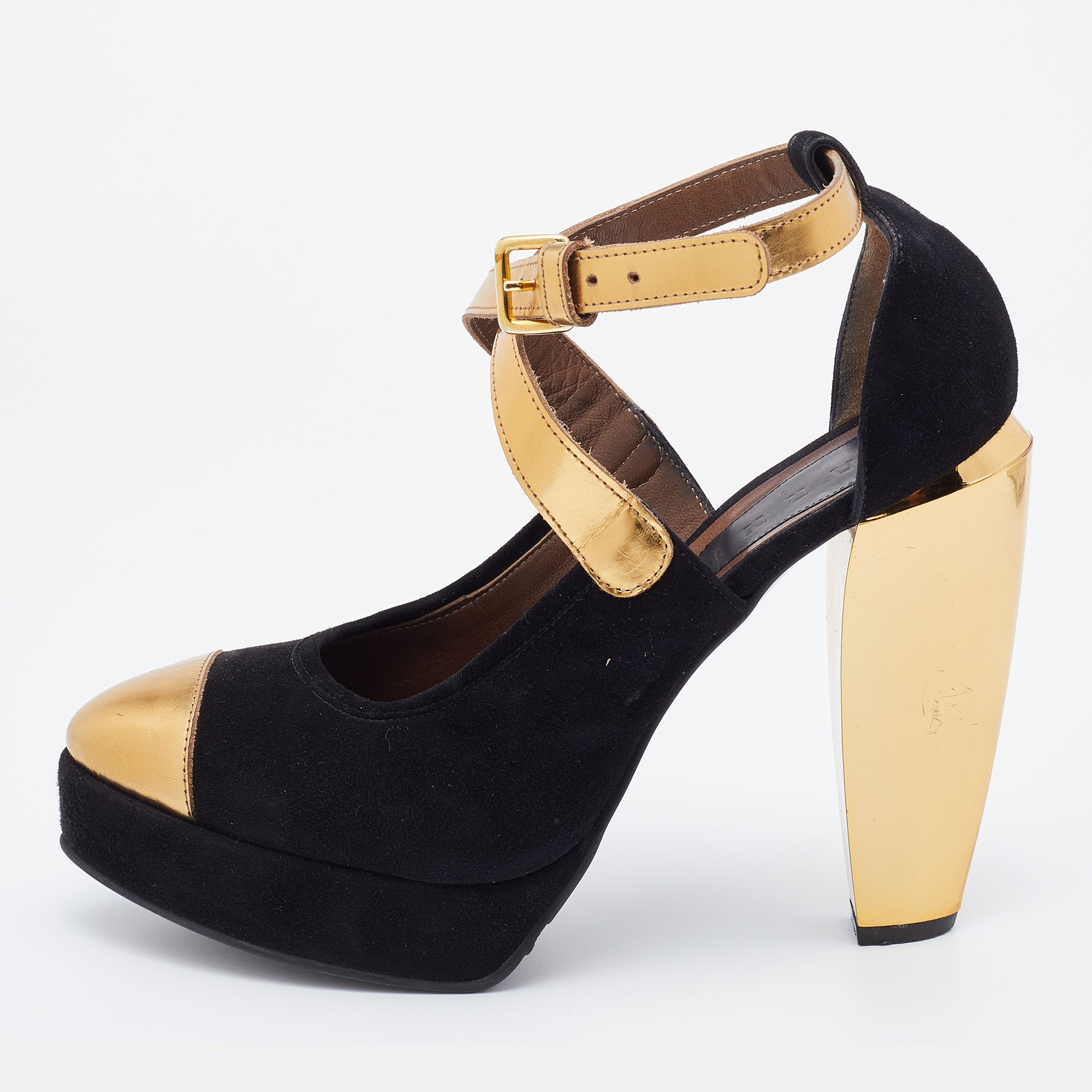 Marni Black/Gold Suede and Leather Platforms Ankle Strap Pumps Size 39, Pumps - Luxury Closet catalog