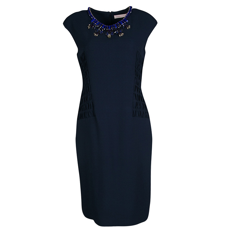 Matthew Williamson Navy Blue Smocked Waist Detail Embellished Neck Sleeveless Dress M, Dresses - Luxury Closet catalog