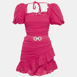 Mergim Pink Chiffon Ruche Detail Belted Mini Dress M, Dresses - Luxury Closet catalog