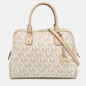 Michael Kors Beige/White Signature Coated Canvas and Leather Charm Satchel, Satchels - Luxury Closet catalog