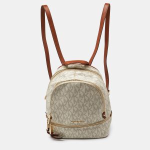 Michael Kors White/Tan Signature Coated Canvas and Leather Medium Rhea Backpack, Backpacks - Luxury Closet catalog