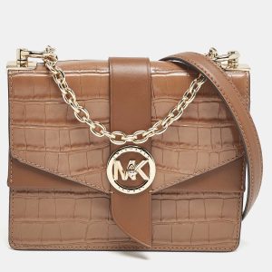 Michael Kors Brown Croc Embossed Leather Small Greenwich Crossbody Bag, Handbags - Luxury Closet catalog