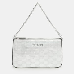 Michael Kors Silver Logo Embossed Leather Jet Set Medium Crossbody Bag, Shoulder Bags - Luxury Closet catalog
