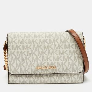 Michael Kors White/Brown Signature Coated Canvas and Leather Jet Set Phone Crossbody Bag, Handbags - Luxury Closet catalog