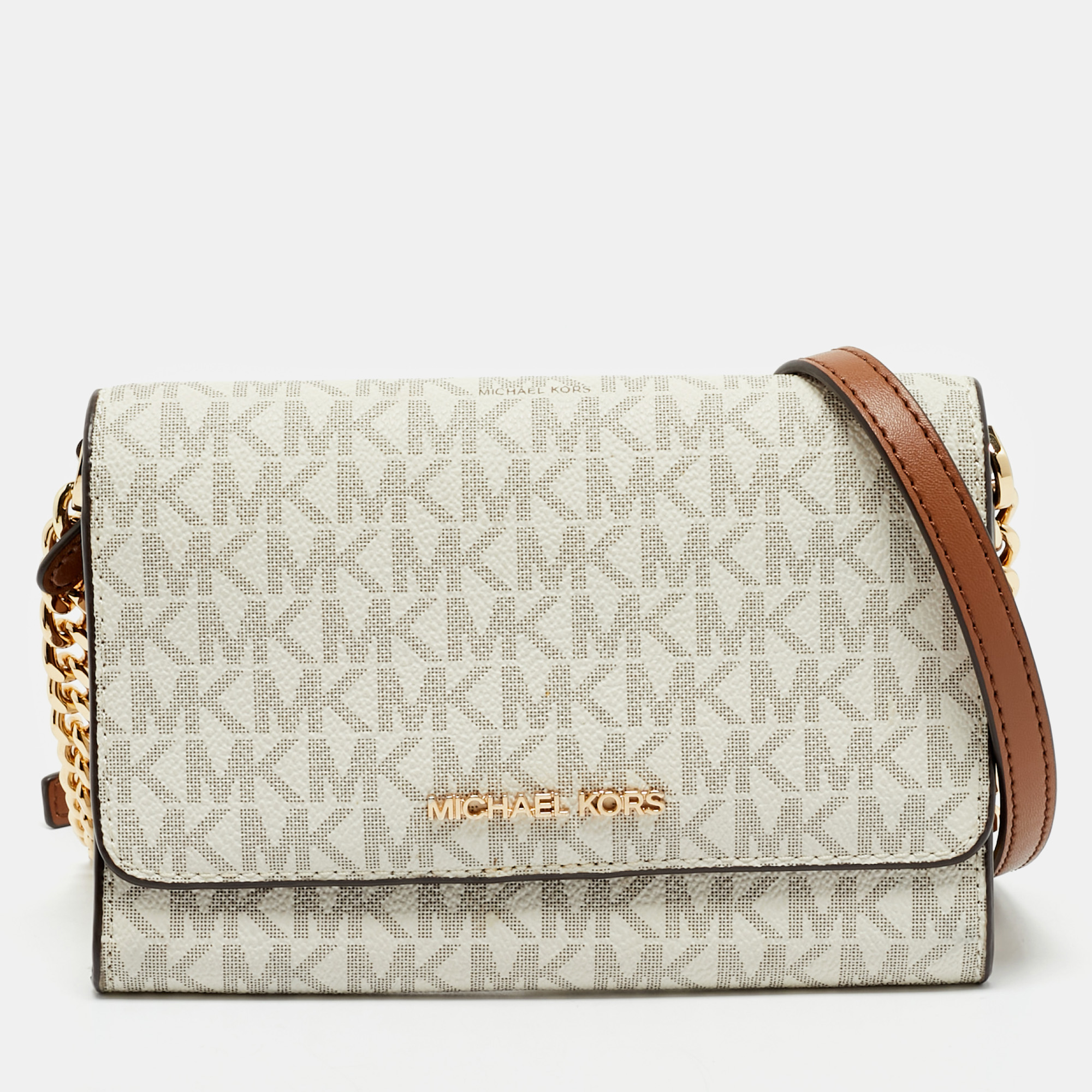 Michael Kors White/Brown Signature Coated Canvas and Leather Jet Set Phone Crossbody Bag, Handbags - Luxury Closet catalog