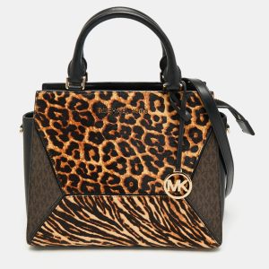 Michael Kors Black/Brown Leopard Print Calf Hair and Leather Large Prism Satchel, Satchels - Luxury Closet catalog
