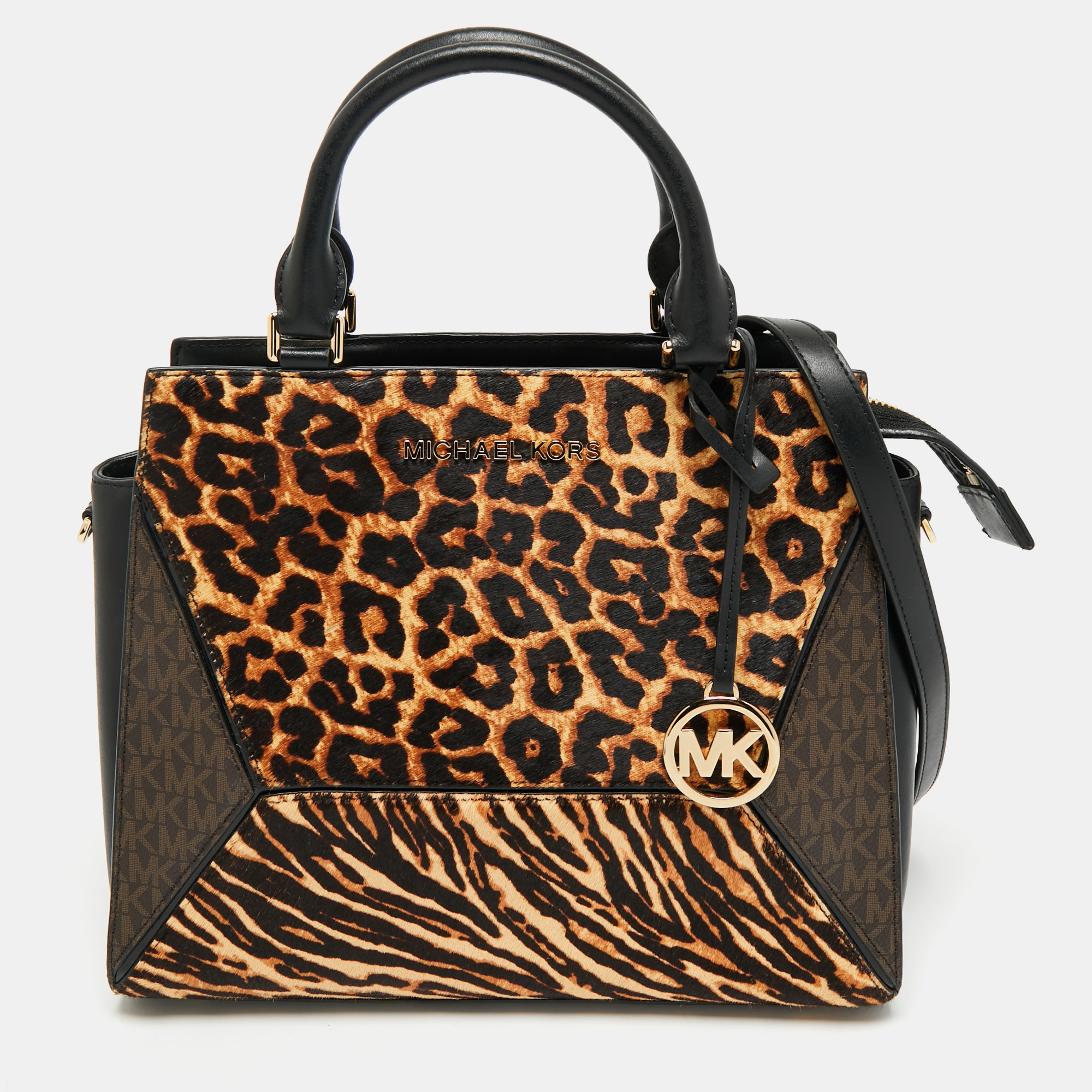 Michael Kors Black/Brown Leopard Print Calf Hair and Leather Large Prism Satchel, Satchels - Luxury Closet catalog