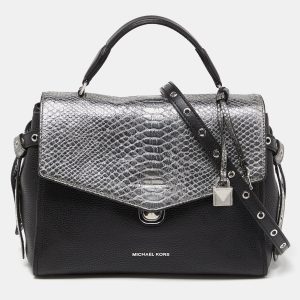 Michael Kors Black/Silver Leather and Snakeskin Embossed Leather Medium Bristol Top Handle Bag, Satchels - Luxury Closet catalog