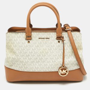 Michael Kors Brown/White Signature Coated Canvas and Leather Savannah Satchel, Satchels - Luxury Closet catalog