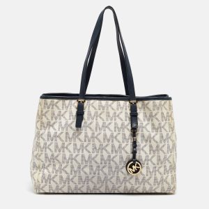 Michael Kors Navy Blue/White Signature Coated Canvas and Leather Jet Set Tote, Tote Handbags - Luxury Closet catalog