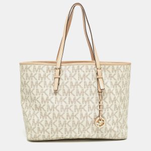 Michael Kors Beige/White Signature Coated Canvas and Leather Jet Set Tote, Tote Handbags - Luxury Closet catalog