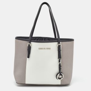MICHAEL Michael Kors Grey/White Saffiano Leather Jet Set Tote, Tote Handbags - Luxury Closet catalog