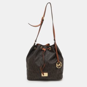 MICHAEL Michael Kors Dark Brown Signature Coated Canvas and Leather Frankie Drawstring Bucket Bag, Handbags - Luxury Closet catalog