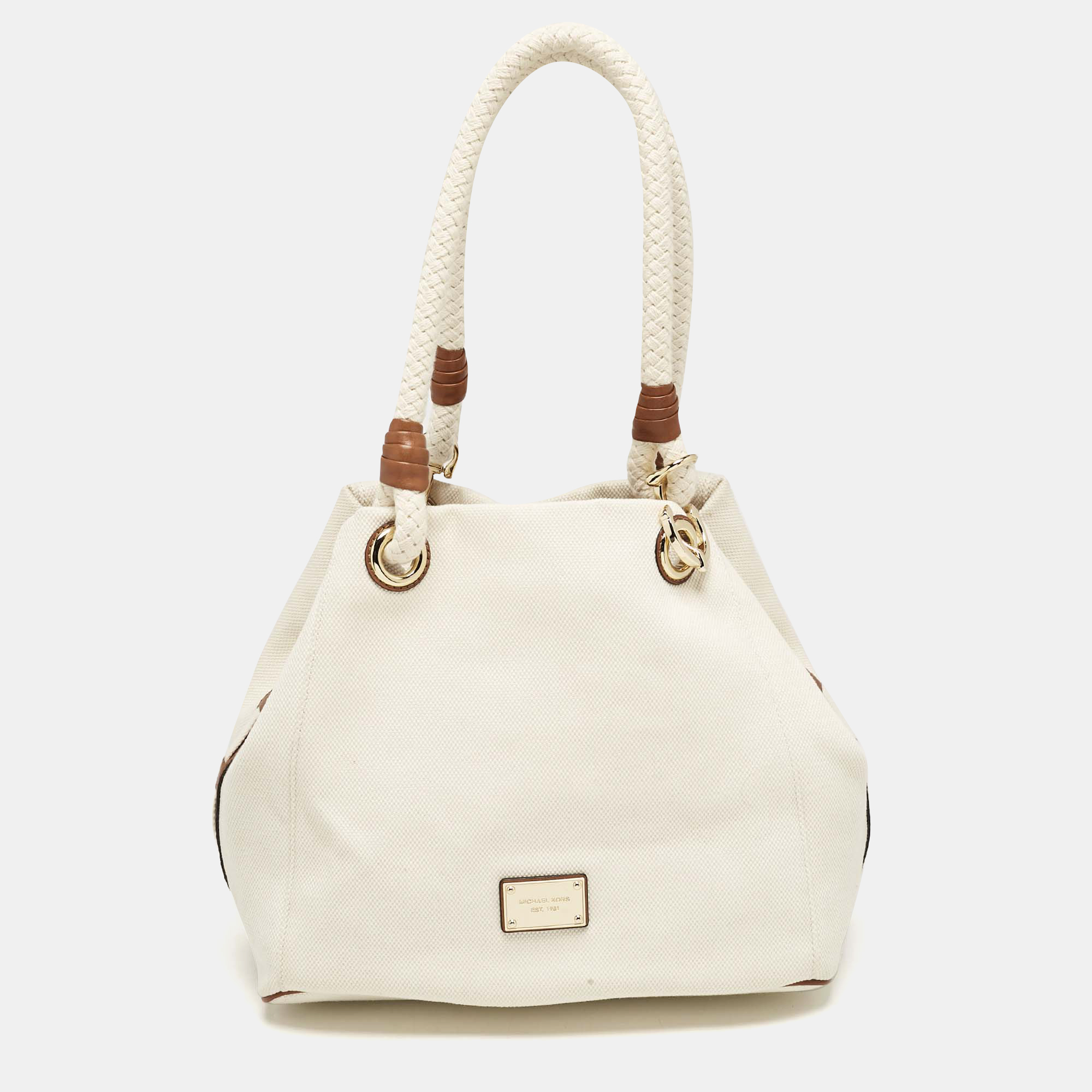 MICHAEL Michael Kors White/Brown Canvas Marina Grab Tote, Tote Handbags - Luxury Closet catalog