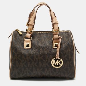 MICHAEL Michael Kors Brown/Beige Signature Coated Canvas and Leather Grayson Boston Bag, Satchels - Luxury Closet catalog