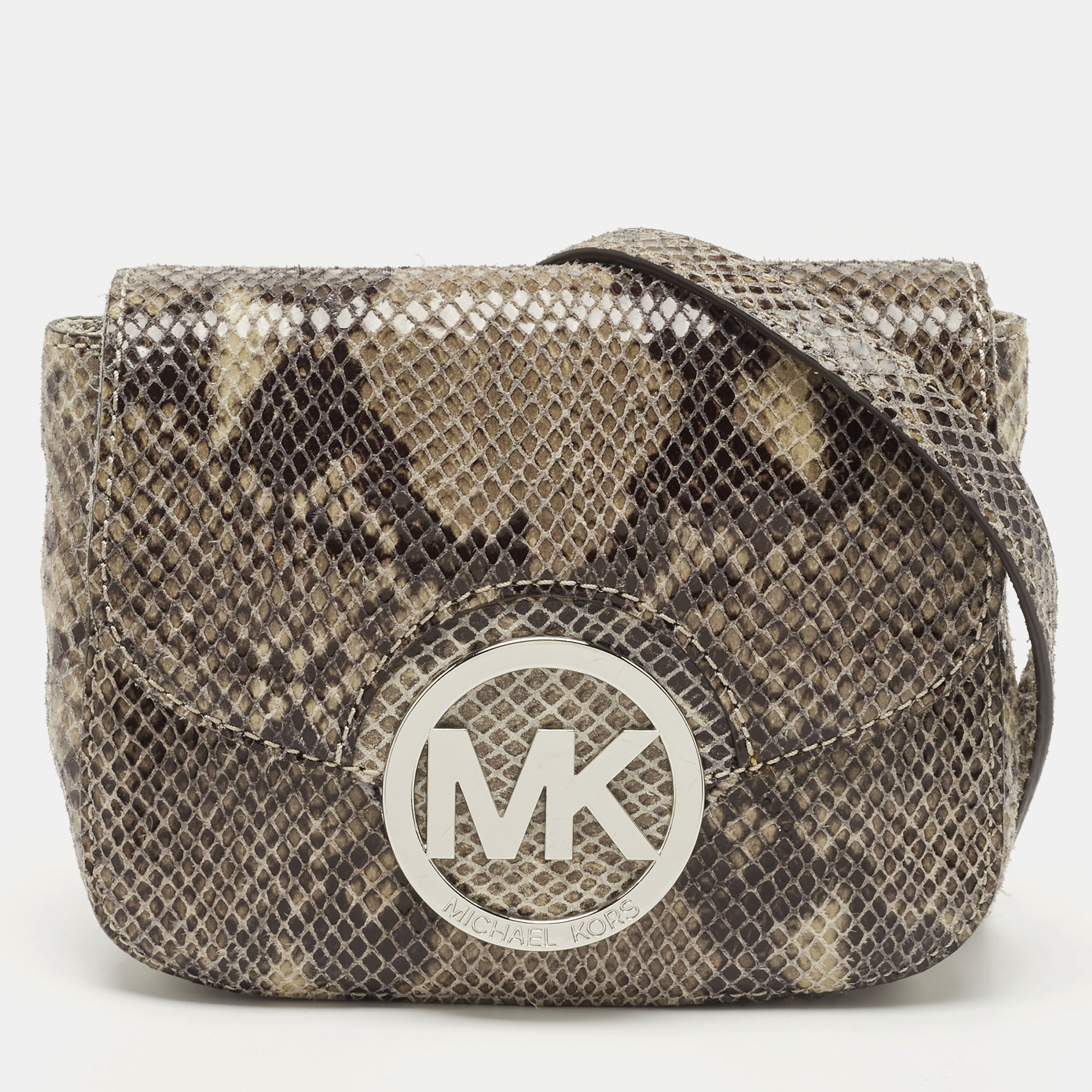 MICHAEL Michael Kors Black/Beige Python Embossed Leather Fulton Flap Crossbody Bag, Handbags - Luxury Closet catalog