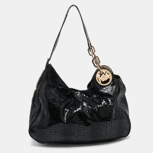 MICHAEL Michael Kors Black Snakeskin Embossed Leather Fulton Slouchy Hobo, Shoulder Bags - Luxury Closet catalog