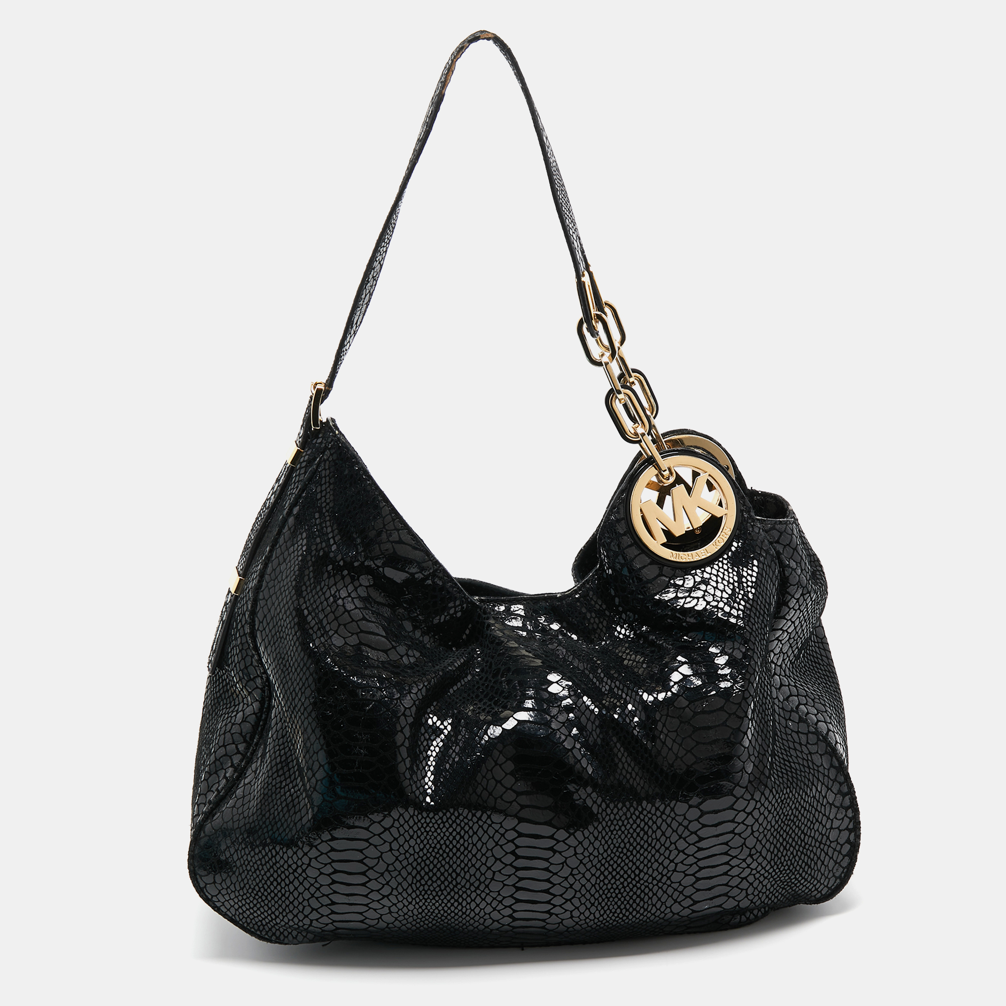 MICHAEL Michael Kors Black Snakeskin Embossed Leather Fulton Slouchy Hobo, Shoulder Bags - Luxury Closet catalog