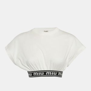 Miu Miu White Logo Tape Detail Crop Top XS, Shirts & Tops - Luxury Closet catalog