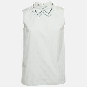 Miu Miu Blue Embroidered Cotton Ruffled Collar Sleeveless Shirt S, Shirts & Tops - Luxury Closet catalog