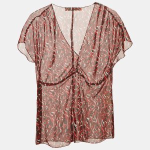 Miu Miu Vintage Red Printed Chiffon Ruche Top M, Shirts & Tops - Luxury Closet catalog