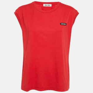 Miu Miu Red Logo-Patch Jersey Sleeveless T-Shirt L, Shirts & Tops - Luxury Closet catalog