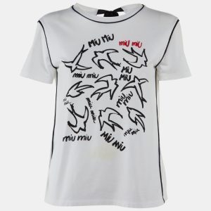 Miu Miu White Bird Print Cotton Knit Tie-Up Detail Top S, Shirts & Tops - Luxury Closet catalog