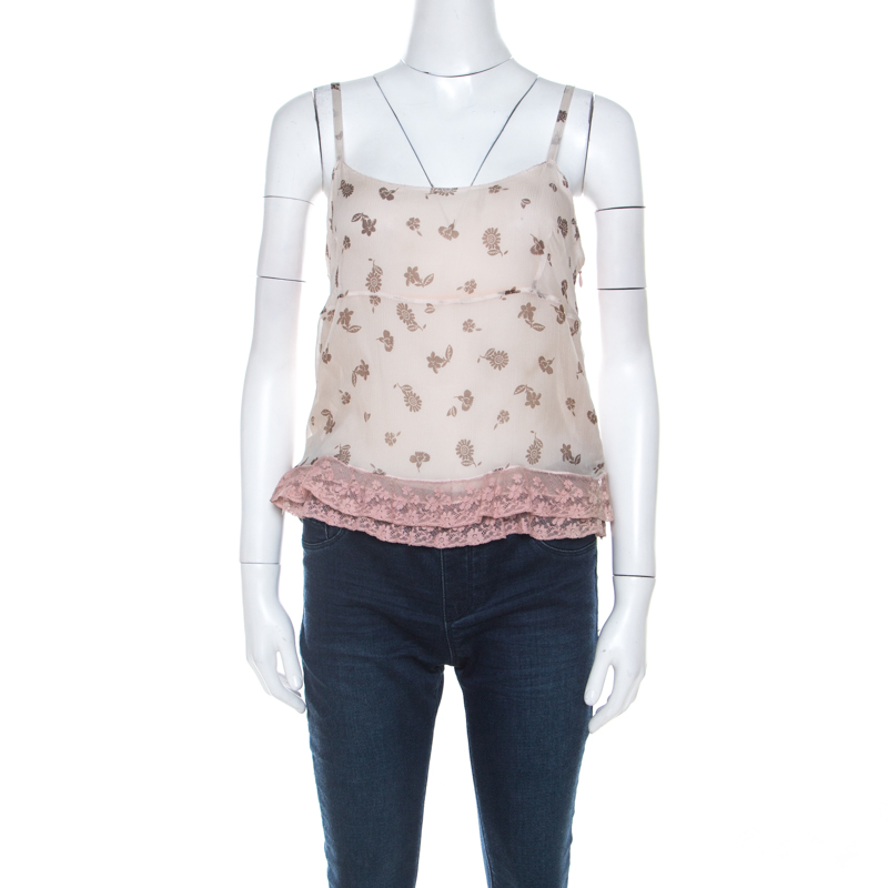 Miu Miu Pale Pink Silk Chiffon and Ruffled Lace Detail Camisole Top M, Shirts & Tops - Luxury Closet catalog