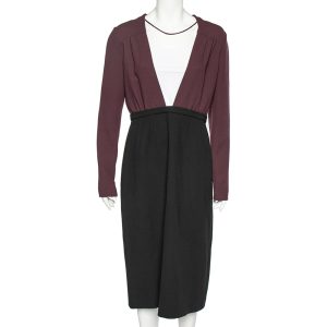 Miu Miu Black-Burgundy Textured Wool Plunge Neck Midi Dress L, Dresses - Luxury Closet catalog