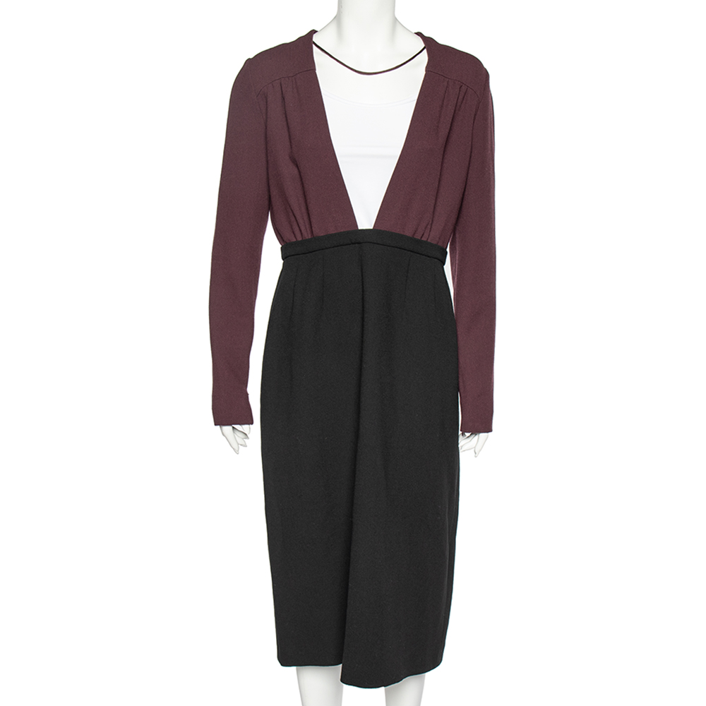 Miu Miu Black-Burgundy Textured Wool Plunge Neck Midi Dress L, Dresses - Luxury Closet catalog