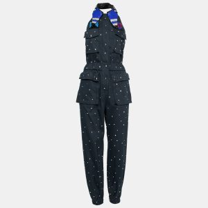 Miu Miu Navy Blue Embellished Cotton Bead Embroidered Halter Neck Jumpsuit S, Suits - Luxury Closet catalog