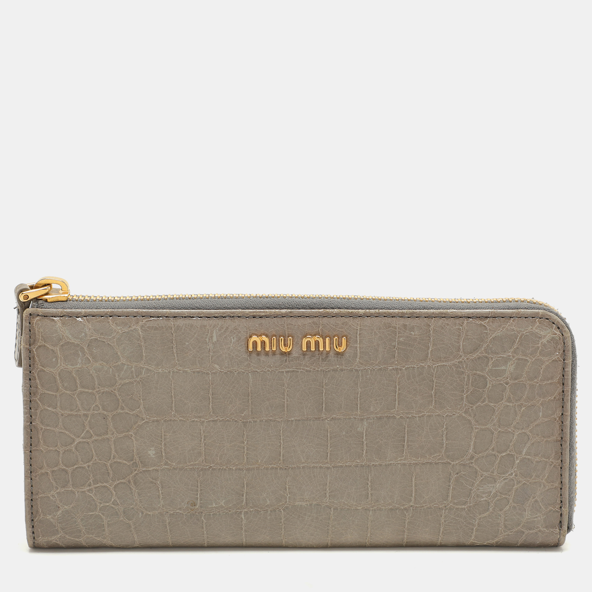Miu Miu Grey Crocodile Embossed Leather Zip around Wallet, Wallets & Money Clips - Luxury Closet catalog
