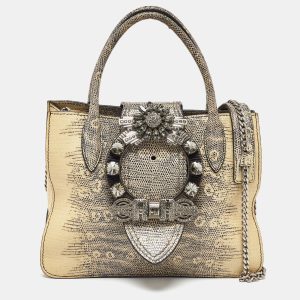 Miu Miu Cream/Black Lizard Embossed Leather Crystal Embellished Tote, Tote Handbags - Luxury Closet catalog