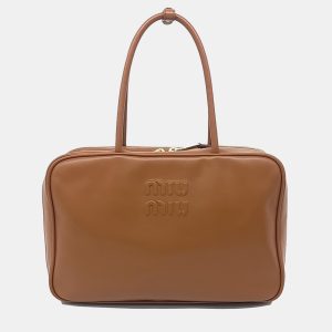 Miu Miu Brown Leather embossed logo bowling bag, Satchels - Luxury Closet catalog