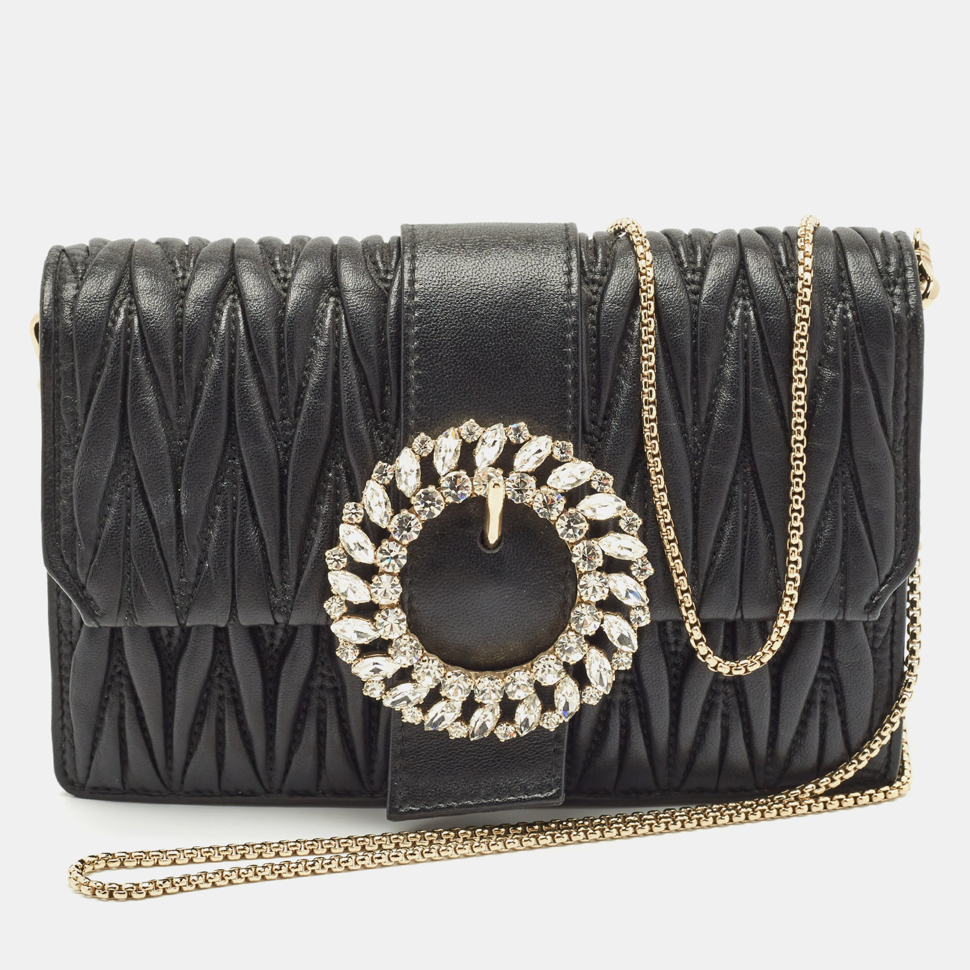 Miu Miu Black Matelassé Leather Crystals Buckle Chain Clutch, Clutches & Special Occasion Bags - Luxury Closet catalog