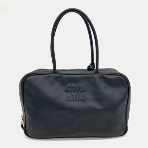 Miu Miu Black Leather Embossed Logo Bowling Bag, Satchels - Luxury Closet catalog