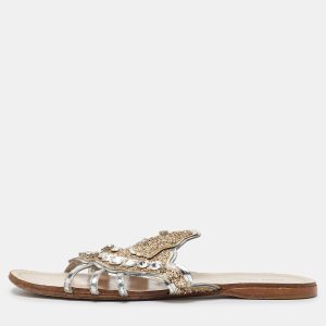Miu Miu Silver Leather Crystal Embellished Flat Slides Size 37.5, Flats - Luxury Closet catalog