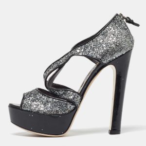 Miu Miu Metallic Grey Coarse Glitter Platform Sandals Size 38.5, Sandals - Luxury Closet catalog