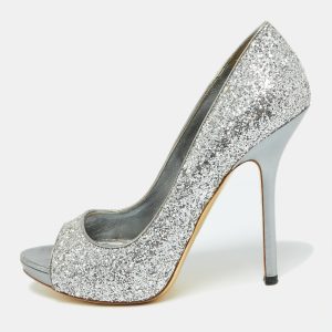 Miu Miu Silver Glitter and Leather Peep Toe Platform Pumps Size 41, Pumps - Luxury Closet catalog